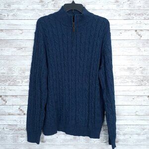 Club Room Mens 1/4 Zip Cable Knit Sweater L Mock Neck Blue Heather Cotton 63
